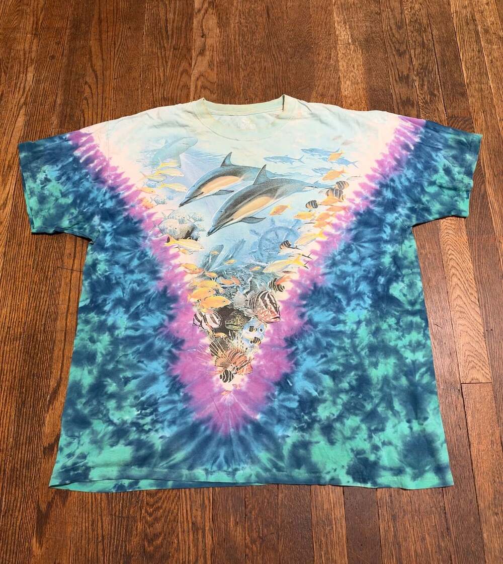 Vintage AOP Liquid Blue Aquatic Ocean Life Tie Dye T-Shirt XL Blue AllOver Print